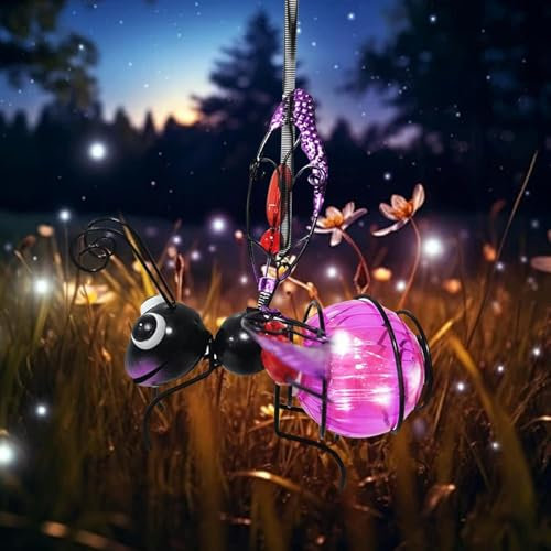 Solar Hängende Biene Deko für Außen, Solar Deko Garten Hängend, LED Metall Bienen mit Frühling & Clip, Solar Lampions Außen Wetterfest, für Garten Terrasse Balkon Bäume (Lila)