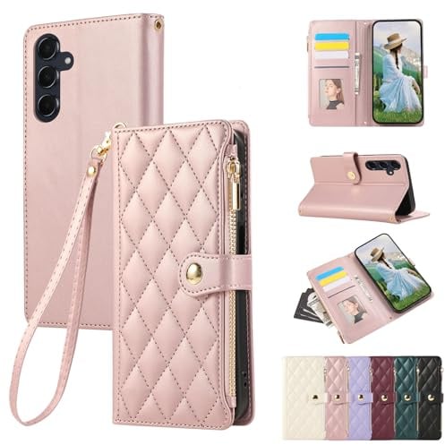 Vaitasy Coque pour Samsung Galaxy A14 5G Or Rose | Flip Cuir PU Fermeture éclair Étui de Protection pour Galaxy A14 4G Housse avec Magnétique Fonction Stand