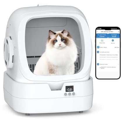 Mintakawa Automatic Cat Litter Box Self Cleaning - APP Control and Weight Monitoring - Ultra-Quiet, Suitable for Medium Cats and Kittens, Safe Anti-Pinch Litter Box (Assembly Required) - White
