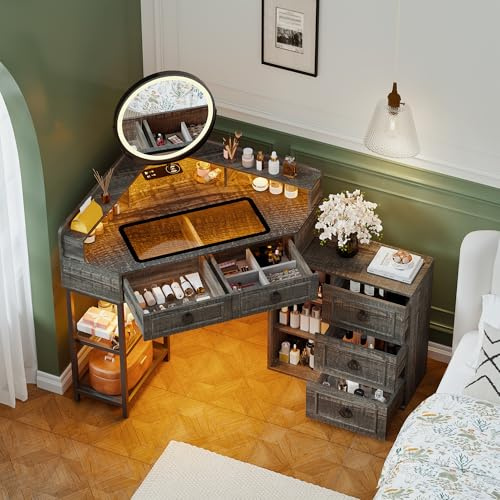 Gurexl Corner Dressing Table with Swivel Vanity Mirror,Corner Makeup Desk with LED Lights 3-Colour Dimmable and Wireless Charging,Dressing Tables Set with 5 Drawers and 6 Open Shelves,Rustic Oak