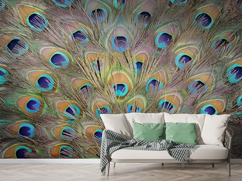 Selbstklebende Tapete Pfau Feder Wandbilder, Vlies Fototapete mit Vogel Schön Motiv, 3D Effekt Wandtapete Deko, Abziehen & Aufkleben, 100x70 cm - M-971