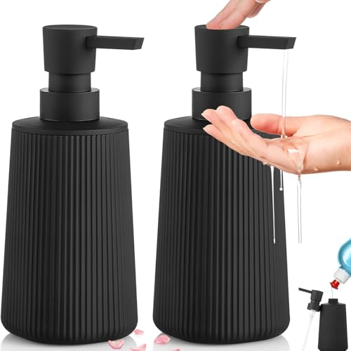 2Pc 350ml Black Soap Dispenser with Pump, Refillable Kitchen Washing up Liquid Soap Dispenser, Modern Farmhouse Style Glass Hand Wash Dispensers,Reusable Bathroom Liquid Divider for Shampoo,Shower Gel
