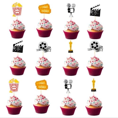 12 Stück Film Thema Tortendeko Movie Theater Cupcake Toppers Glitter Nacht Roll Kamera Popcorn Kuchendekoration Movie Night Kuchen Dekorationen geeignet für Filmfestival Happy Birthday Jubiläum