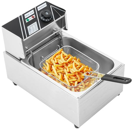 Freidora eléctrica de aceite de 2500 W, 6 L, temperatura ajustable, con tapa y cesta de goteo de aceite, para restaurante, centro comercial, rápido, comida y aperitivos, barra