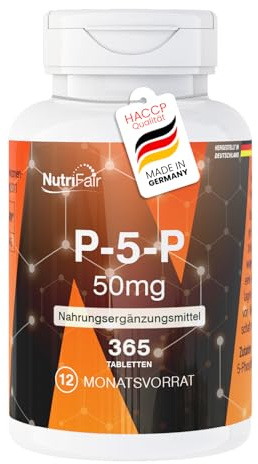 P-5-P 50mg – 365 tabletter med 34mg aktivt vitamin B6 – pyridoxal-5-fosfat – högdoserat – 100% veganskt – tysk tillverkning och laboratorietestat – NutriFair | Premium & Fair