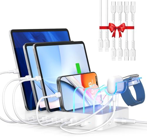 SooPii Premium 90W 6-Port USB C Ladestation für mehrere Geräte,Weiß | 4 x PD 20W Schnellladestation mit 6 kurzen Kabeln für iPhone, iPad, Tablet und weitere elektronische Geräte