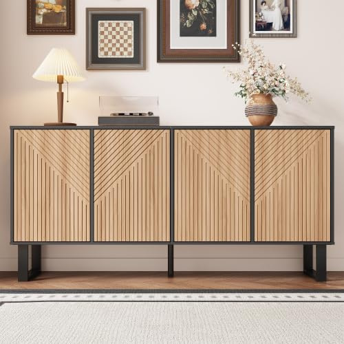 vutizal TV Lowboard Modern, Sideboard Schwarz mit 3D Streifenfront & Metallrahmen – Aufbewahrungsschrank & TV-Schrank groß 160cm für Wohnzimmer, 160x38x75 cm