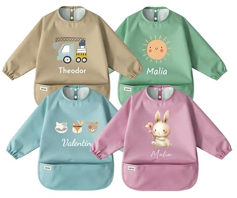 ARTEE Ärmellätzchen personalisiert Baby Lätzchen mit Ärmeln, Wasserabweisend, Auffangtasche, 4 Farben, über 20 Motive, 5 Schriftarten, 6-24 Monate