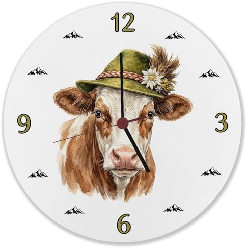 speecheese Wanduhr Kuh mit Trachtenhut, lustiger Spruch, Alpen-Design | Alpenländische Dekouhr mit Kuh im Aquarell, für Bauern und Tierfreunde. Leise Quarzuhr, 26,5 cm, Mdf, Made in Germany.