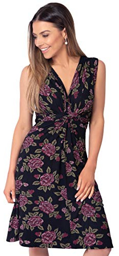 KRISP Women Sleeveless Floral Summer Dress V-Neck Knot Front (Black, 8), 6252-BLK-08