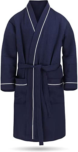 Herren Bademantel Morgenmantel aus 100% Baumwolle - Waffelbademantel - dünner Kimono für Männer Farbe Navy Größe 4XL