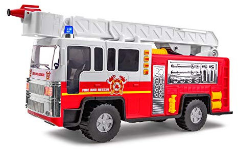 Playkidiz Fire Truck Toy for Kids with Lights and Siren Sounds - 38 cm Classic Red & White Fire Engine Rolling Emergency Vehicle - Interactive Play Movable Ladder, Early Learning Fun For Boys & Girls