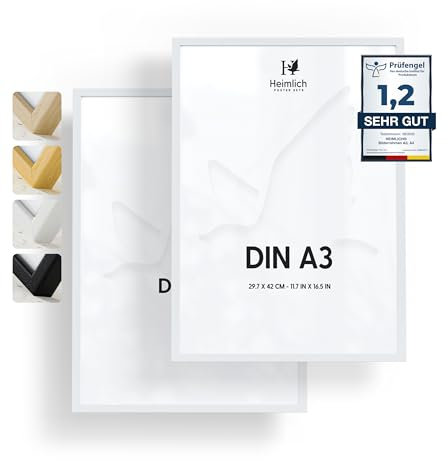 Heimlich® - Bilderrahmen - A3 29,7x42 cm, Kiefernholz, Weiß, 2er-Pack - Kleine Posterrahmen - Nur zur Wandmontage