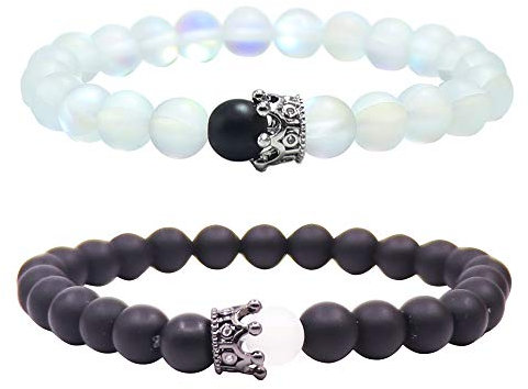 UEUC Paar Distanz Armbänder mit CZ Crown King & Queen Seine Freundschaft Schwarz Matt Achat Stein 8mm