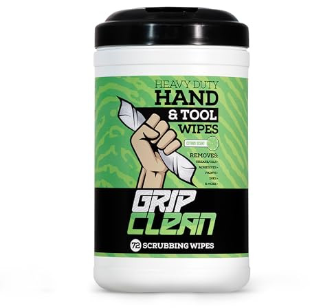 Grip Clean Heavy Duty Hand & Tool Cleaning Wipes – Waterless Hand Cleaner for Mechanics, Garage & Shop Use – Dual-Sided Grease, Oil & Paint Remover Wipes with Citrus Scent - 72ct