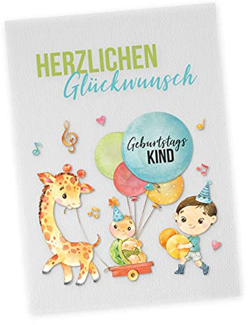 Papierdrachen Postkarte mit Button | Herzlichen Glückwunsch zum Verschicken und Verschenken | Design Giraffe | 35mm Button bedruckt mit Geburtstagskind