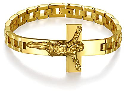 JewelryWe Schmuck Herren Armband mit Jesus Christus Kreuz Edelstahl Kruzifix Biker Link Handgelenk Armreif Armspange Vatertag Geschenk Gold