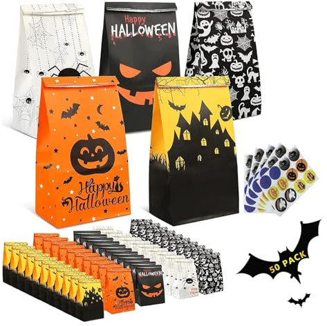 TOOELMON Halloween Geschenktüten - 50 Stück Klein Partytüten, Süßigkeiten Papiertüten Mit Aufkleber, Candy Tüten für Party