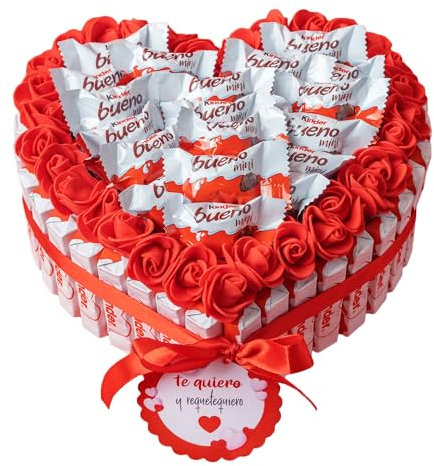 Onza Cesta San Valentin de Kinder Bueno. Corazón de Chocolates originales para regalar. Kinder bueno pack con Kinder Mini, Kinder Chocolatinas, Flores Decorativas. San valentín regalos mujer y hombre