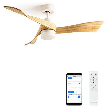 CREATE / WINDCURVE/Ventilateur de plafond avec lumière, Wifi et télécommande, blanc pales bois naturel / 40W, Ø132 cm, 6 vitesses, programmable, été-hiver, double hauteur