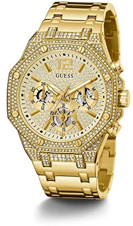 GUESS Herrenuhr, achteckig, Kristall, multifunktional, 44 mm, Gold, GW0419G2