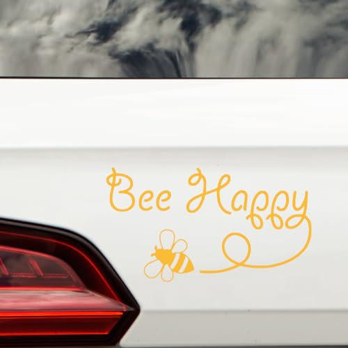 Bee Happy Cute Inspirational Sticker Waterproof Decal - Cars, Laptop, Wall Art, Kids Room Decor, Fun Gifts (Golden Yellow)