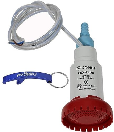 eine Comet LUX-PLUS Tauchpumpe Wasserpumpe mit Rückschlagventil + Filter 12V 19 Liter für Wohnmobil Wohnwagen Caravan Camping Boot im Set mit pro-Styling Schlüsselanhänger