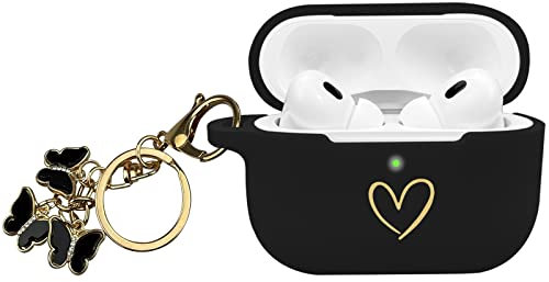 AIIEKZ Kompatibel mit AirPods Pro 2 Hülle Cover 2022, weiche Silikonhülle mit goldenem Herzmuster für AirPods Pro 2./1. Generation Hülle mit süßem Schmetterlings-Schlüsselanhänger (Schwarz)