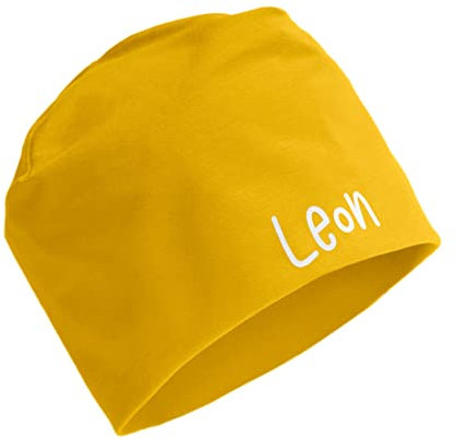 AngelicArt Personalisierte Kindermütze, Beanie für Kinder mit Wunschnamen, für Jungs, Mädchen, Unisex aus Baumwolle/Jersey (Senfgelb)