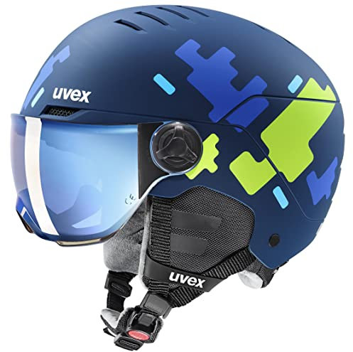 uvex Rocket jr Visor - robuster Skihelm für Kinder - Filterkategorie 2 - optimierte Belüftung - Blue Puzzle matt - 51-54 cm