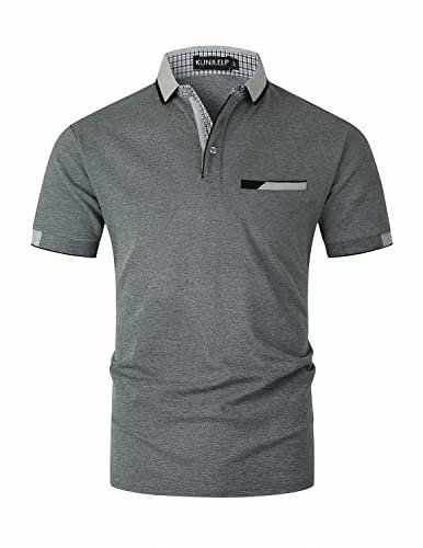KUNJLELP Men's Regular-Fit Cotton Short Sleeve Polo Shirt Casual Golf Polos,Grey,L