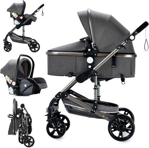 MoLi 3 in 1 Kombikinderwagen 3 in 1 Infant Reisesysteme Hochlandschaft Kinderwagen Liegender Buggy Kinderwagen Neugeborenen Kinderwagen Faltbarer Standardkinderwagen (739 Grey)
