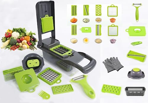 Vegetable Chopper, 17 in 1 Mandoline Onion Cutter, Kitchen Multifunction Veggie Dicers, Food Fruits Veg Garlic Potato Salad Carrot Spiral Slicers, Mini Manual Hand Grater Machine with Safety Gloves
