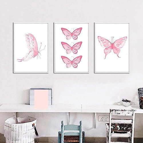 HTWLMM Leinwand Bilder Aquarell Rosa Schmetterling Malerei Poster Kunstdruck für Kinderzimmer Wohnzimmer Schlafzimmer Wandbilder Deko Rahmenlos (3X40X60CM)