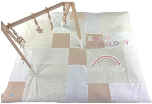 Krabbeldecke/Babydecke mit Namen und Regenbogen in creme/beige, XL, Patchwork handgemacht Baumwolle (XL (120x140cm))