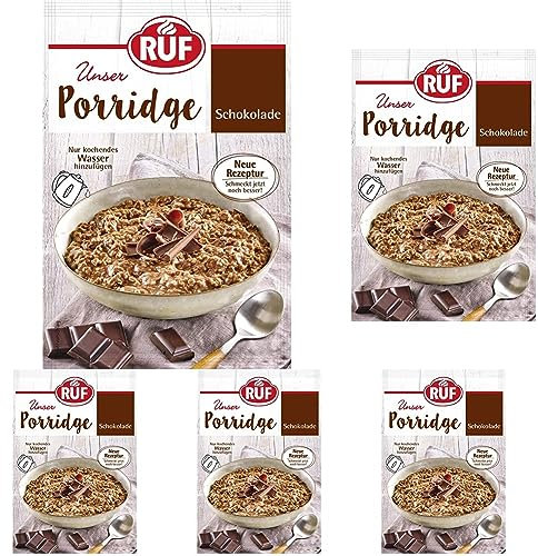RUF Porridge Schokolade mit zartschmelzenden Schokotropfen und Kakaokernen, der schnelle Snack im Büro und für alle Schoko Liebhaber, 1 x 65g Beutel (Packung mit 5)