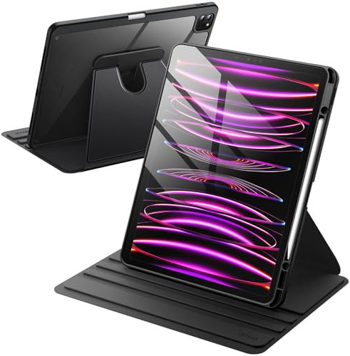 JETech Rotierende Hülle für iPad Pro 12,9 Zoll (2022/2021/2020/2018) mit Stifthalter, 360 Grad Drehbare Schutzhülle Ständer Transparente Rückseite, Auto Wachen/Schlafen (Schwarz)