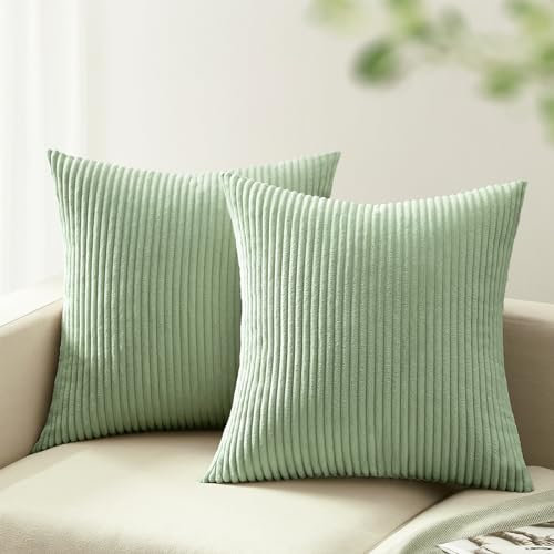 mosayt Kissenbezug 40x40 2er Set grün Kordsamt gestreiftes Muster Kissenbezüge Kissenhülle Dekokissen Sofakissen Couchkissen Zierkissenbezug Deko Kissenhüllen Wohnzimmer