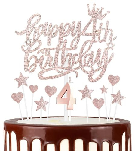 12 Pcs Happy Birthday Candles Cake Toppers, Gold Rose Number 4 Candle for Cake, Cake Candles for 4th Birthday Decorations, Heart Star Cake Toppers for Boys Girls Birthday Party 4th Wedding Anniversary