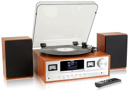 Denver MRD-52 Record Player Hi-Fi System With 2.4-inch Colour Screen - CD Player, DAB/DAB+ & FM Radio, Bluetooth, Aux In, Remote Control, Wooden Body & Speakers – Light Wood