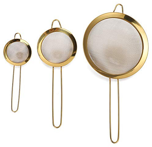 Stainless Steel Fine Mesh Oil Strainer, Set of 3 Sizes Flour Sieve Sifters with Long Handle Food Strainer Cocktail Tea Coffee Juice Strainer for Kitchen Gold