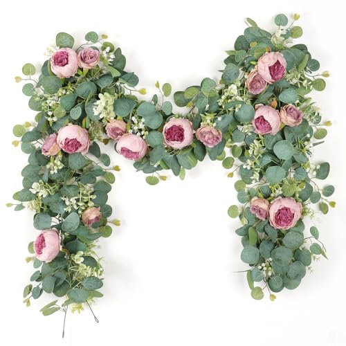 SOMYTING 2 guirnaldas de flores artificiales de eucalipto, vintage, flores falsas, peonías, vid de rosas, verde, planta decorativa para colgar en la pared para arco de boda, arreglo de puerta,