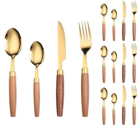 Unique Wooden Handle Kitchen Stainless Steel Silverware Tableware Flatware Cutlery Set Steak Knife Fork Spoon Teaspoon (Gold,16 Pieces)