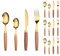 Unique Wooden Handle Kitchen Stainless Steel Silverware Tableware Flatware Cutlery Set Steak Knife Fork Spoon Teaspoon (Gold,16 Pieces)