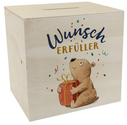 Bär mit Geschenk Spardose aus Holz mit Spruch Wunscherfüller Taschengeld sparen für deinen Traum - Geschenkwunsch-Zauber vom Teddy-Bär erfüllt deinen Wunsch
