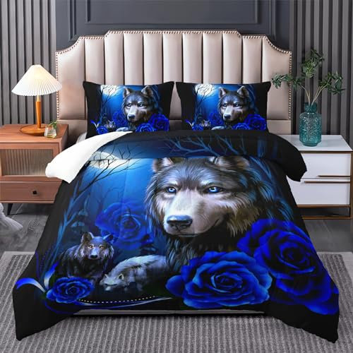 Tuzaovy Wolf-Bettwäsche-Set für King-Size-Bett, blaue Rose, King-Size, Wolf-Bettwäsche-Set, King-Size, Bettwäsche-Set mit Wolfsmotiv
