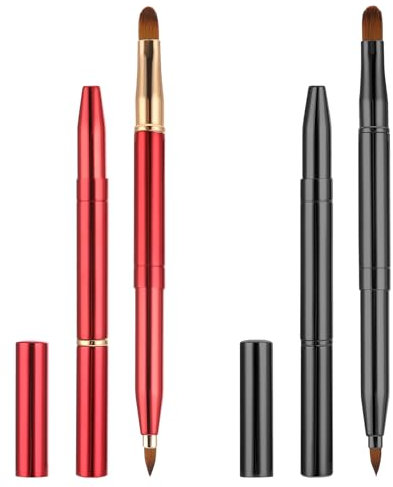 Lot de 2 pinceaux à lèvres rétractables pour rouge à lèvres avec capuchon, pinceaux de maquillage à double extrémité, pinceau applicateur de rouge à lèvres rétractable noir et rouge