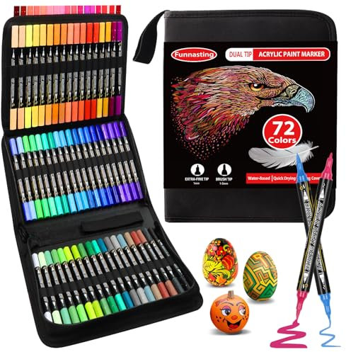 Funnasting Acrylic Paint Pens, 72 Colors Dual Tip Acrylic Markers, Glass Paint Pens with Brush Tip and Fine Tip for Rocks, Wood, Canvas, Stone, Ceramic Surfaces, DIY Crafts Making