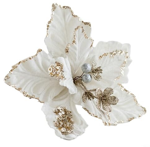 FUBESK 1 Stück 22 cm Weihnachtsblumen, Stoff Weihnachtsstern, Weihnachtsschmuck, Weihnachtsbaum-Blumendekorationen, rote Weihnachtssterne Blumen für DIY Weihnachtskranz Urlaub Party Dekor (weiß)