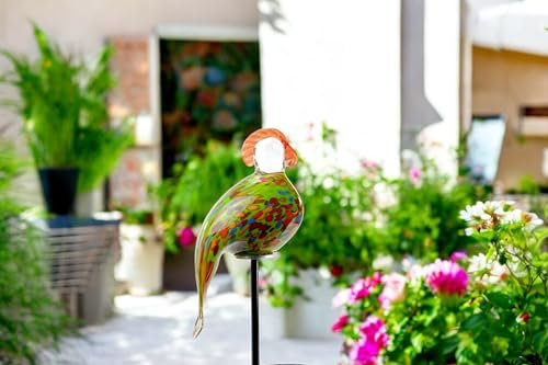 Gartenstecker mit Papagei - Grün - Handgefertigtes Glas - Vogel auf Stock - Gartendekorationen - Gartenindeco für den Außenbereich - Gartendekor - Tiere für den Außenbereich